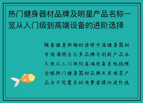 热门健身器材品牌及明星产品名称一览从入门级到高端设备的进阶选择