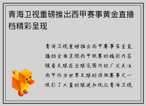 青海卫视重磅推出西甲赛事黄金直播档精彩呈现
