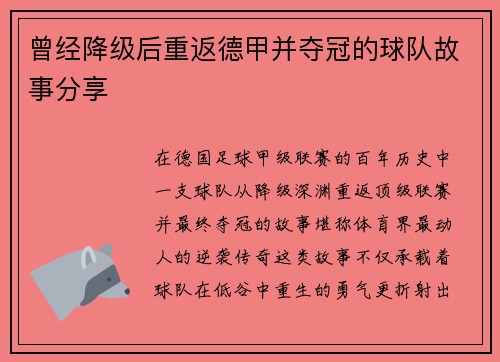 曾经降级后重返德甲并夺冠的球队故事分享