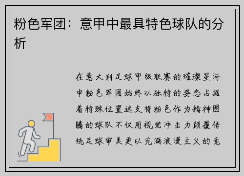 粉色军团：意甲中最具特色球队的分析
