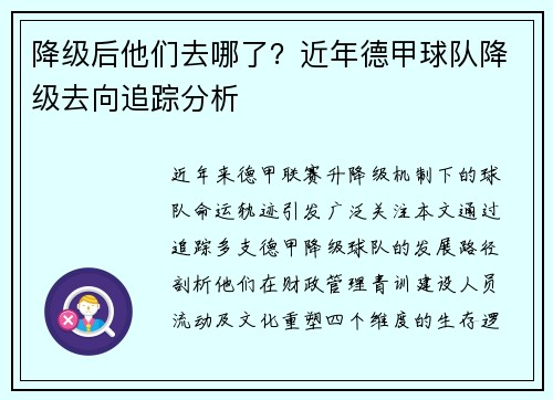 降级后他们去哪了？近年德甲球队降级去向追踪分析